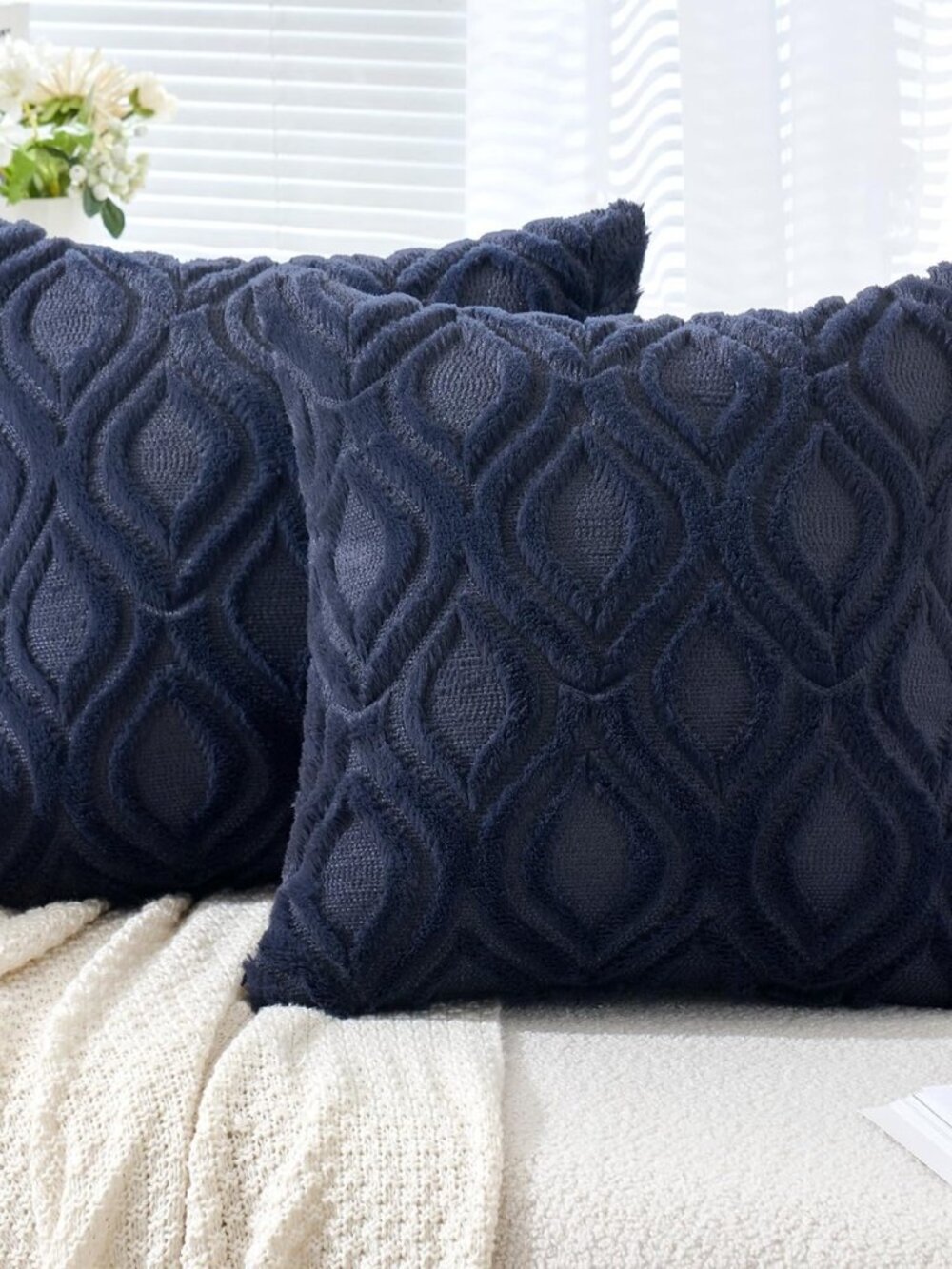 Navy Blue Soft Plush Faux Wool Throw Pillow Covers 16x16